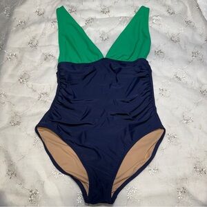 J. Crew green and blue color block one piece swimsuit size large